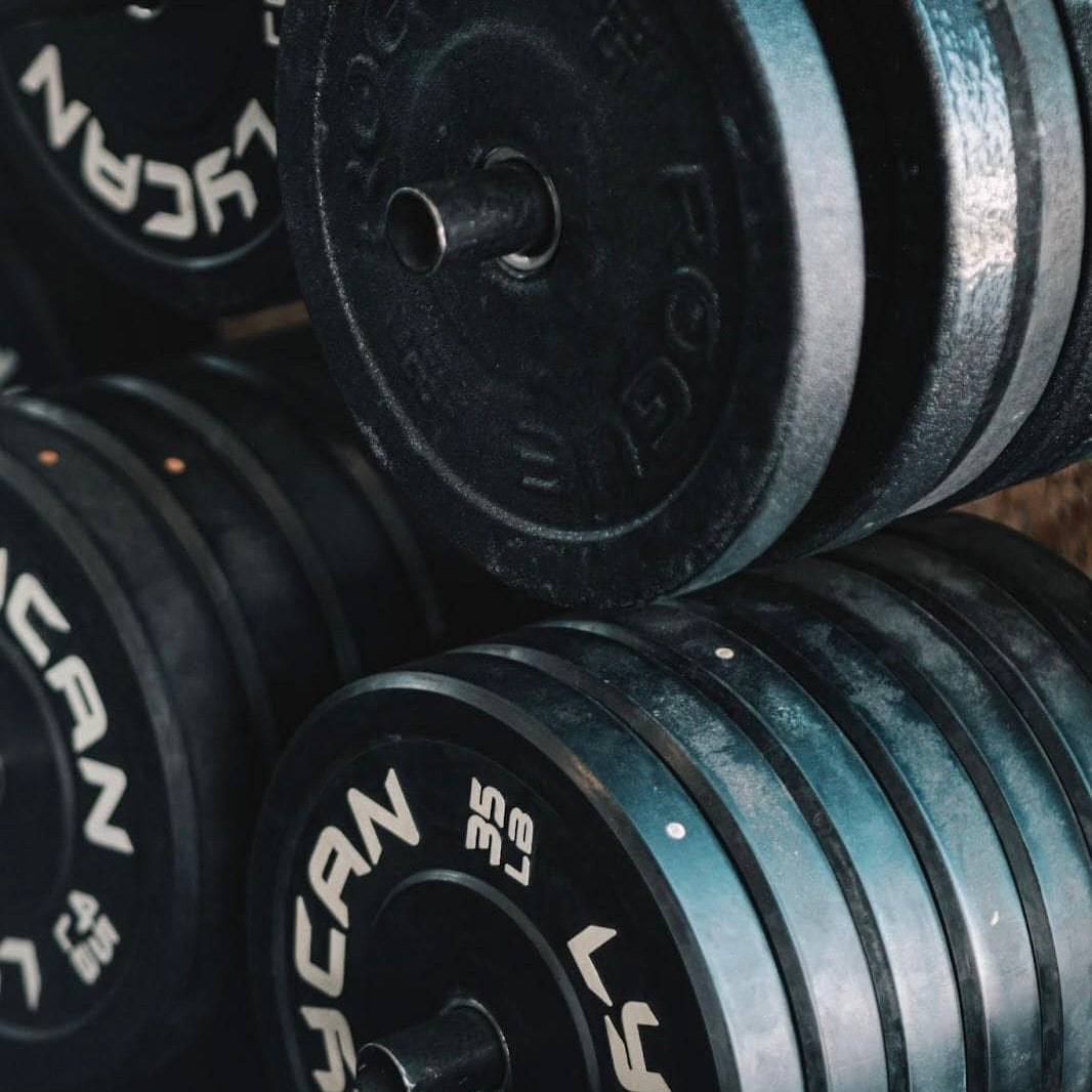 Bumper weight plates on a weight rack