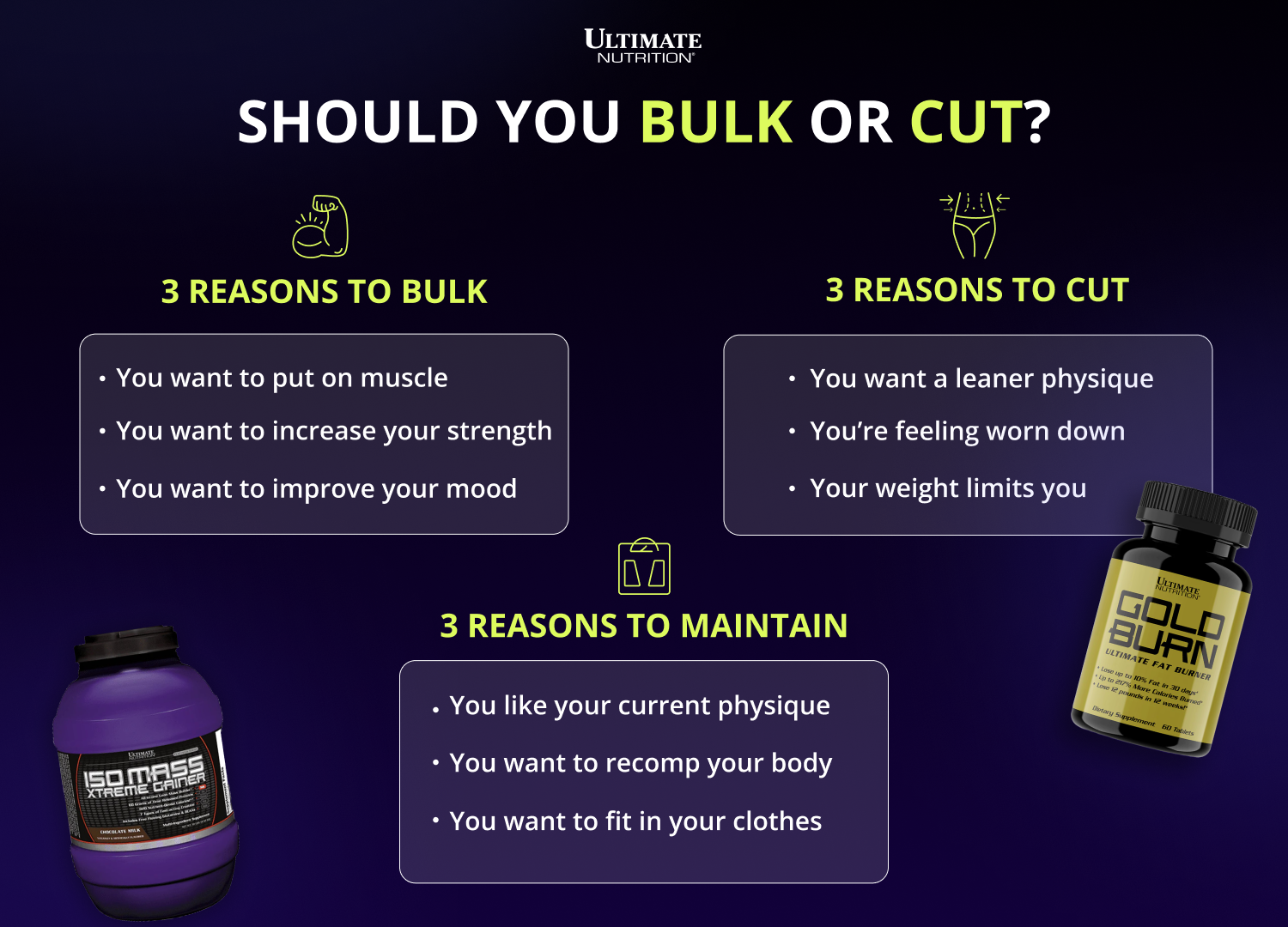 Should you bulk or cut? infographic by Ultimate Nutrition