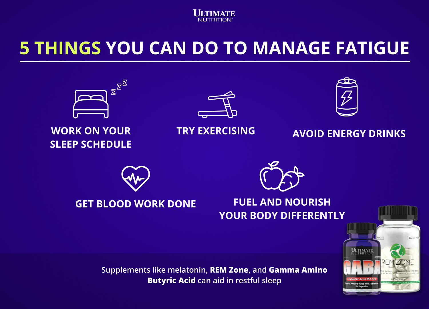 5 Things you Can Do to Manage Fatigue infographic by Ultimate Nutrition