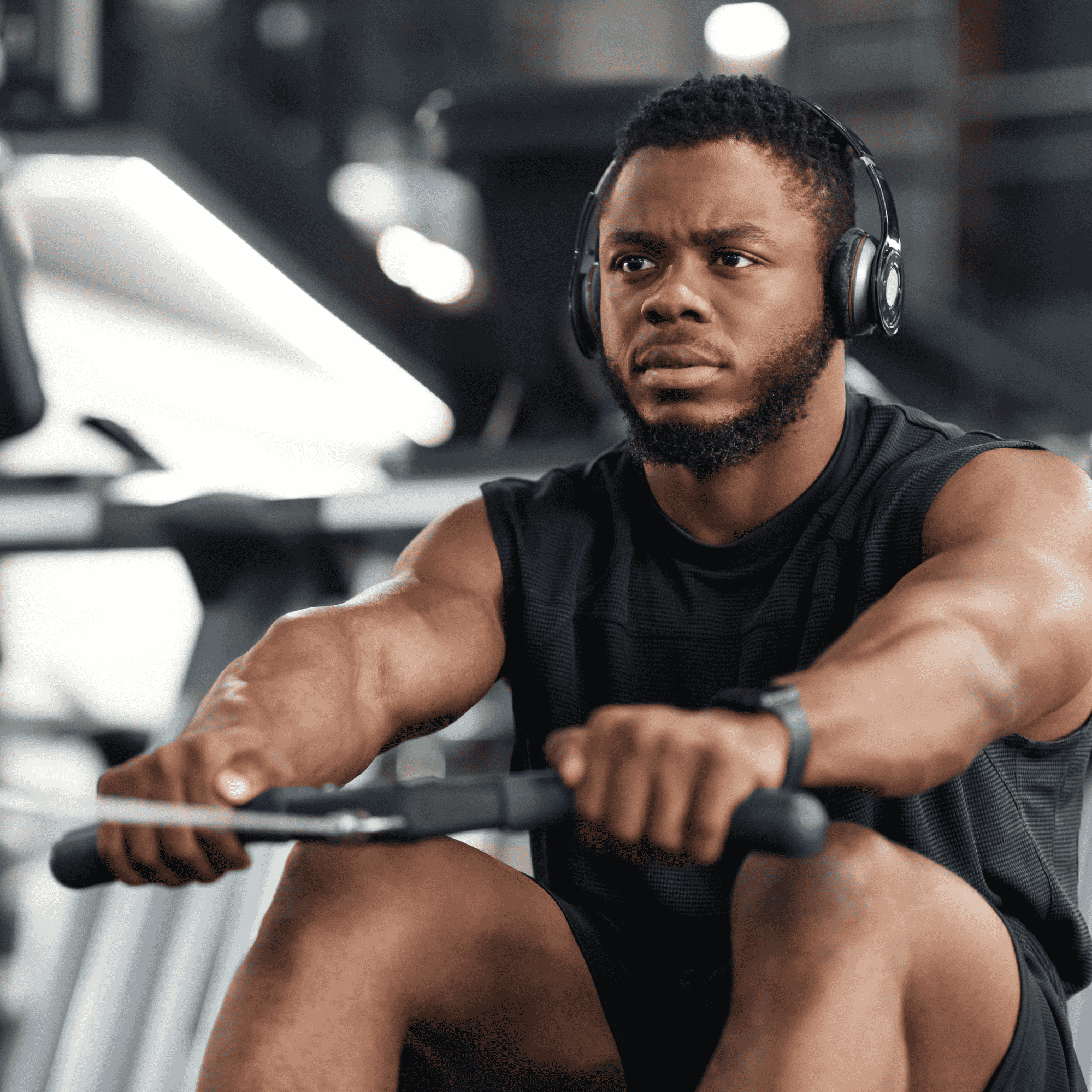 A man rowing wearing headphones | Ultimate Nutrition