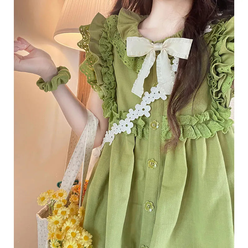 Anokhinaliza Summer Green Kawaii Lolita Dress Women Bow Designer Party Mini Dress Female Casual Korean Fashion Lace Elegant Cute Dress