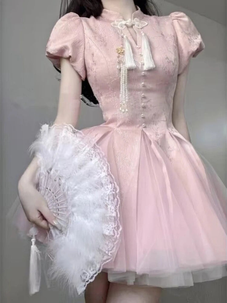 Anokhinaliza Summer Pink Bow Fashion Elegant Dress Women Floral Print Vintage Party Mini Dress Female Puff Sleeve Korean Sweet Dress New