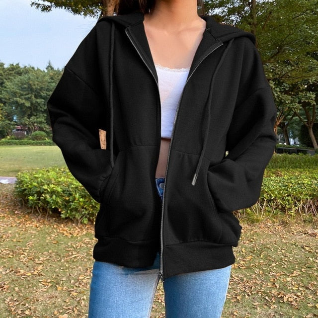 Anokhinaliza Zip-Up Women Jacket Coats Korean Style Long Sleeve Hooded Outerwear Fashion Black Coat Warm Pockets Female Cotton Jackets