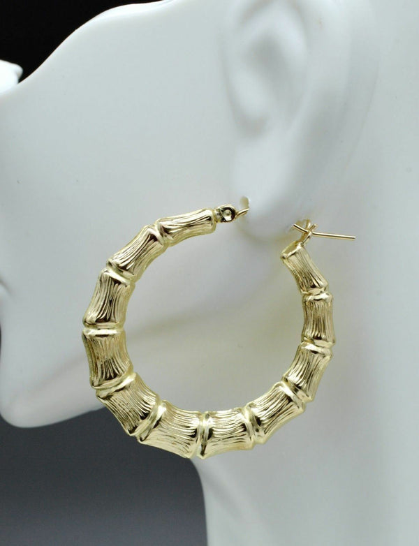 REAL 10K Yellow Gold Large Graduated Bamboo Hoop Earrings 3 75mm 13.2 –  bhjewelryny