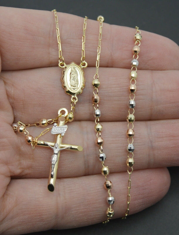 Real 10k Trio-Gold Jesus Crucifix Pendant Rosary Beads Necklace, Diamo –  Globalwatches10
