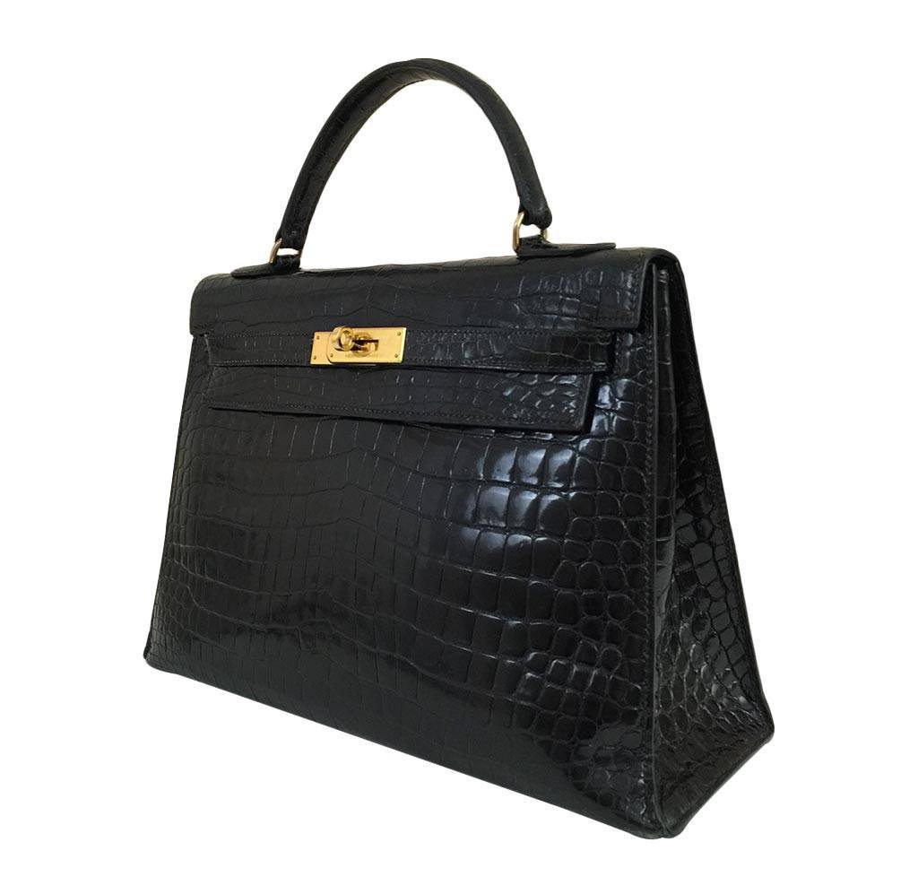 Porosus Crocodile Kelly 32 Black Bag 