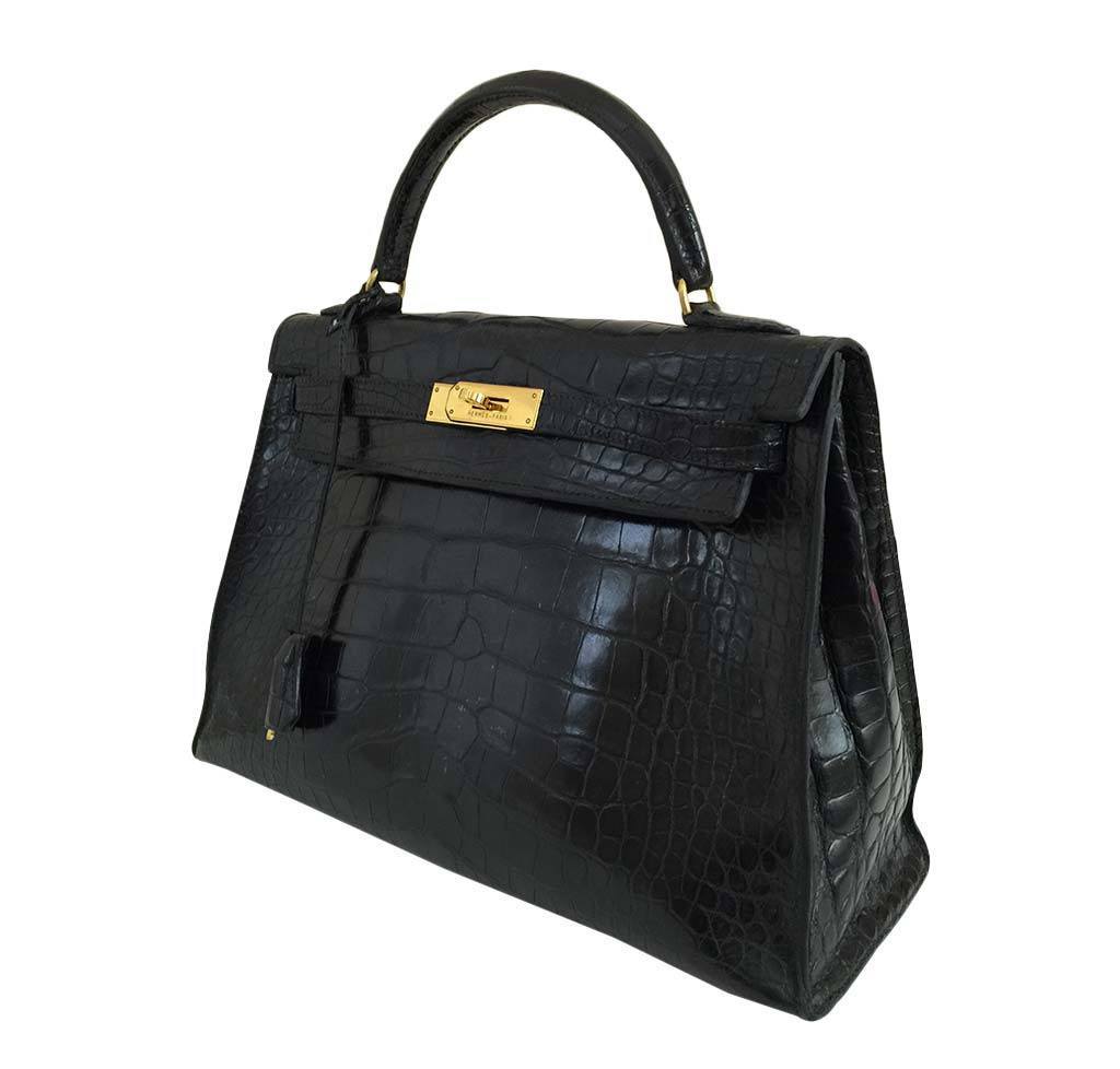 Hermès Kelly 32 Black Crocodile - Gold 