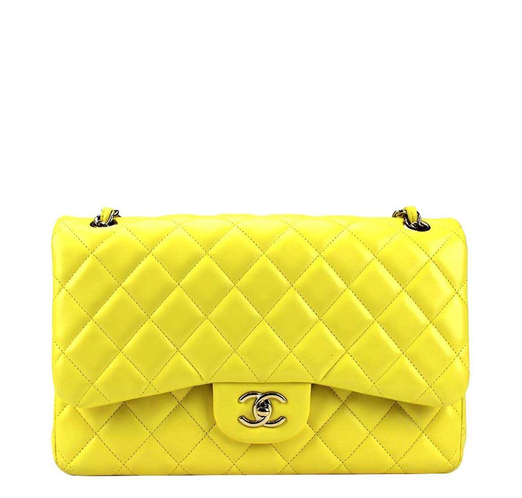 Chanel Double Flap Jumbo Bag Yellow - Lambskin Leather | Baghunter