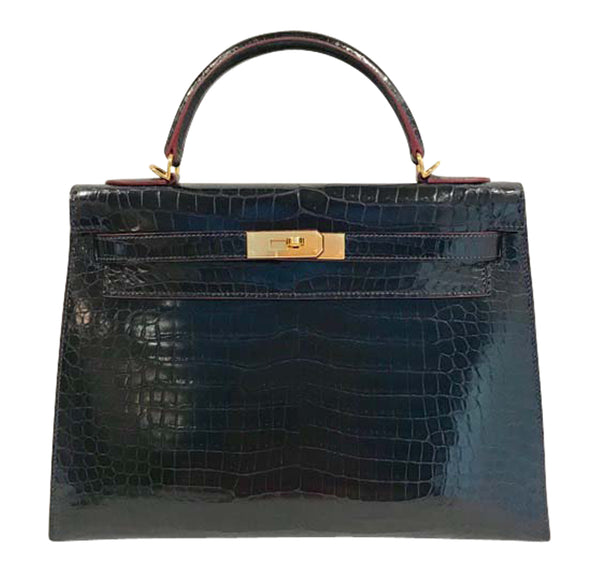 Hermès Kelly Sellier 32cm Bleu Marine Porosus Crocodile Bag GHW | Baghunter
