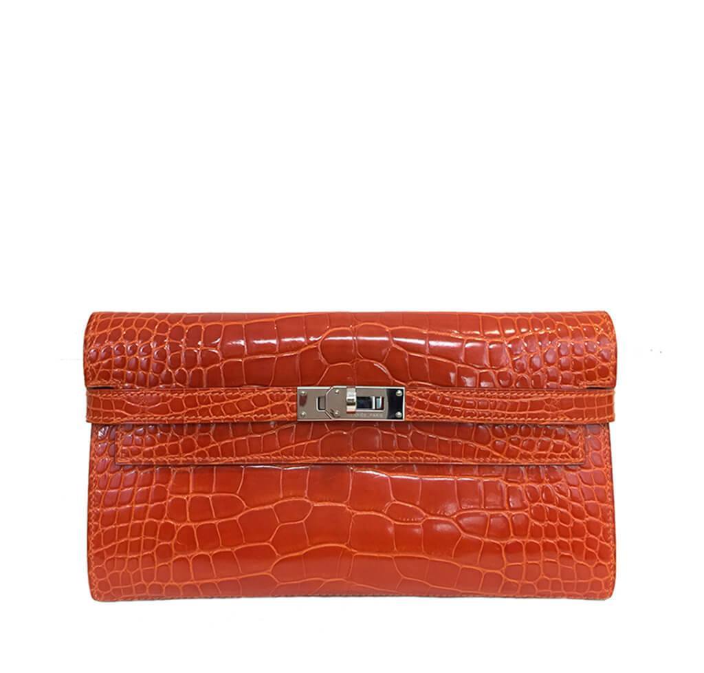 Hermès Kelly Long Wallet Orange Shiny Alligator - PHW | Baghunter