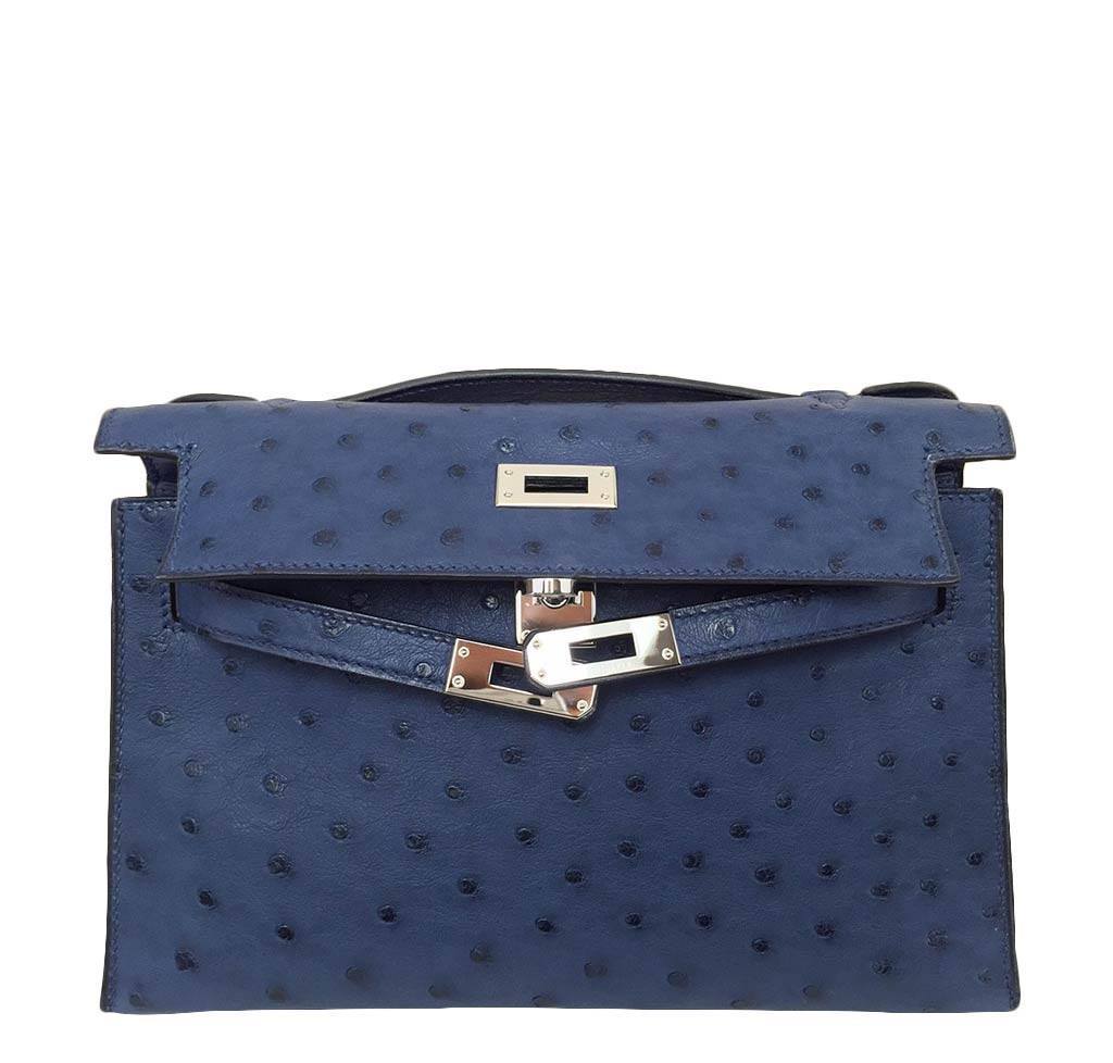 Kelly Pochette Mini Ostrich Blue Bag 