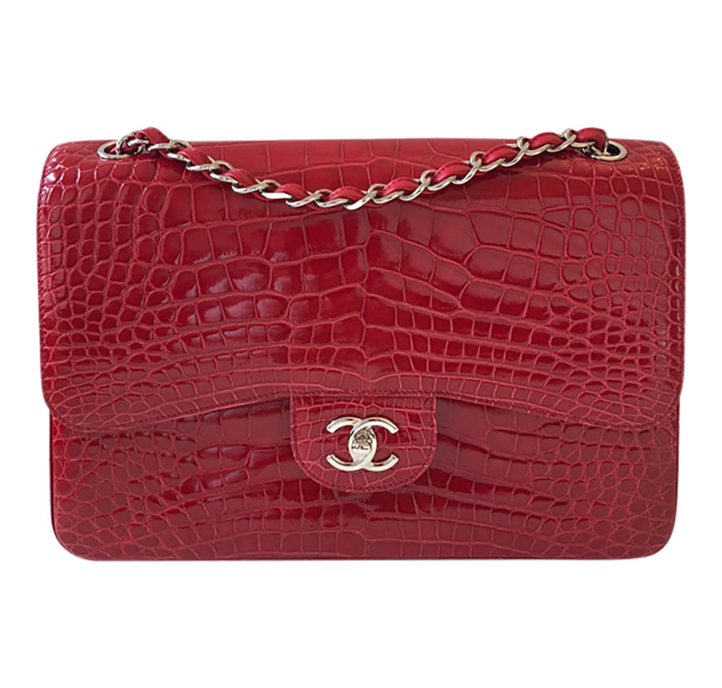 Chanel Red Jumbo Flap 2.55 Shiny Alligator Bag Gold Hardware | Baghunter
