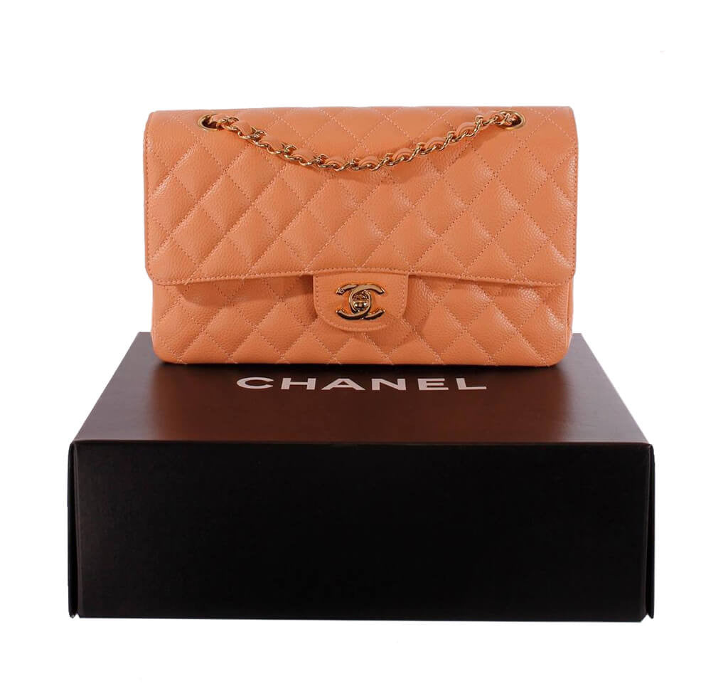 Chanel Classic 2 55 Bag Peach Caviar Leather Gold Hardware Baghunter