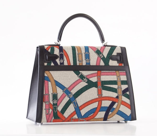 Hermès Kelly 32 Limited Edition Cavalcadour Canvas and Noir Swift Bag ...