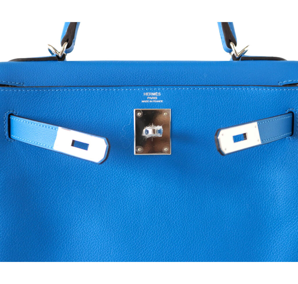 Hermès Kelly 28 Blue Hydra Evergrain Leather - Palladium Hardware ...