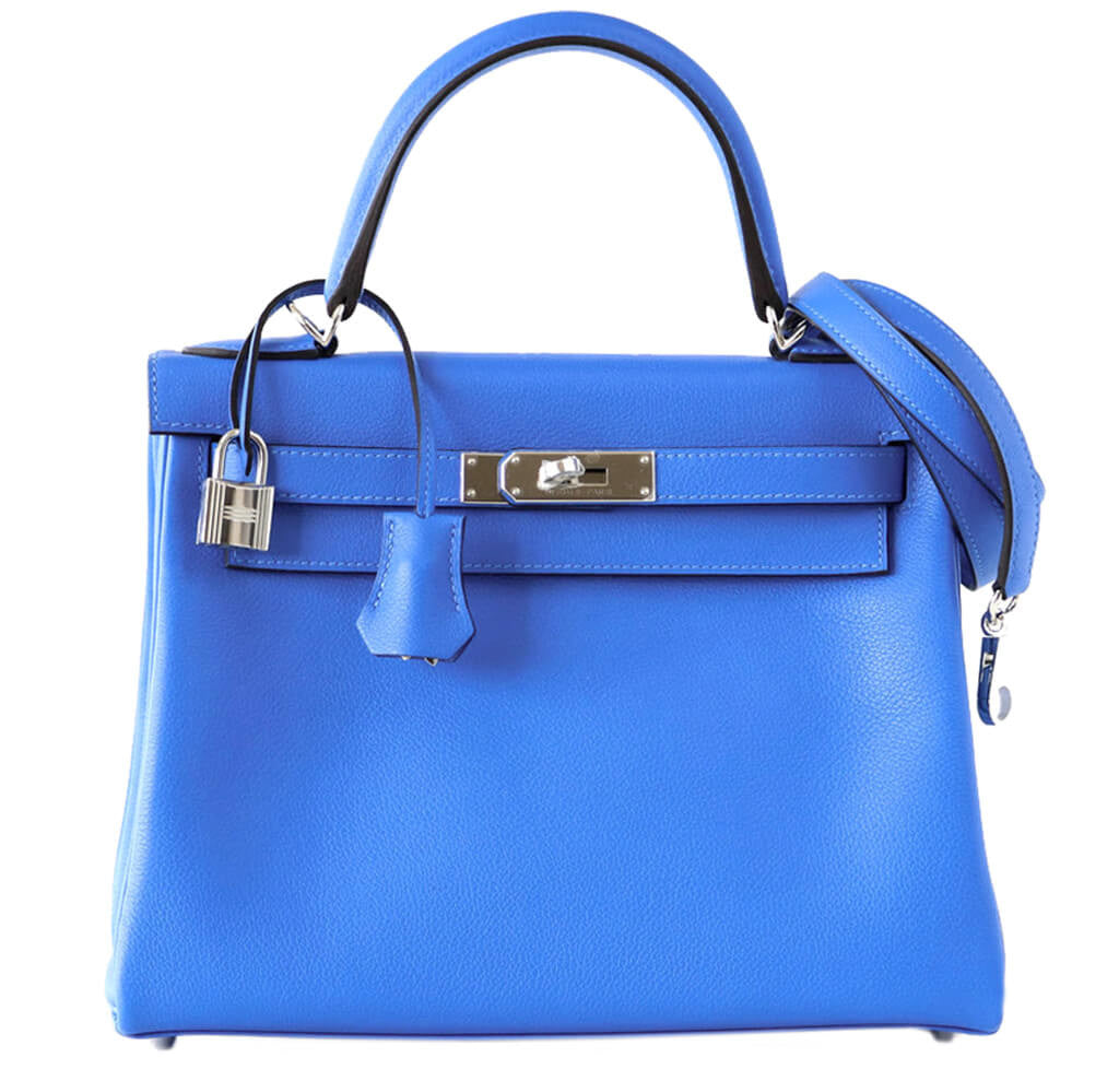 Hermès Kelly 28 Blue Hydra Evergrain Leather - Palladium Hardware ...