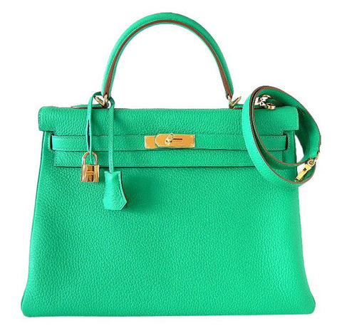 Hermès Kelly 35 Bag Menthe Clemence Leather - Gold Hardware | Baghunter