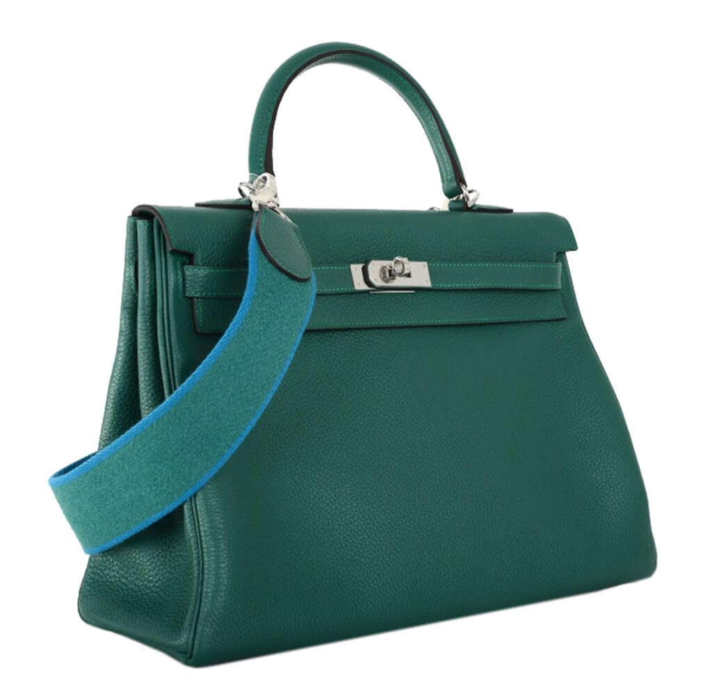 Hermès Kelly 35 Bag Malachite Togo Canvas Strap - Palladium Hardware ...