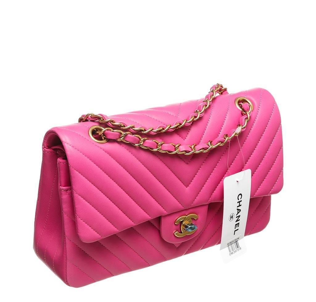 Chanel Hot Pink Classic  Bag - Chevron Lambskin | Baghunter