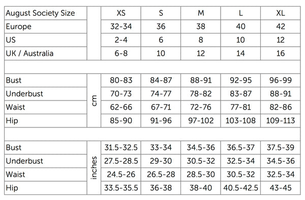 August Society Size Charts