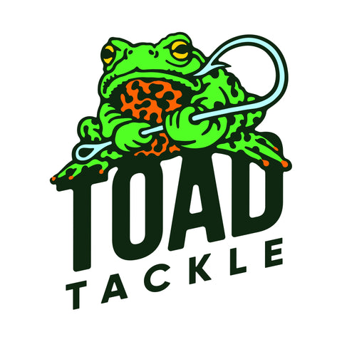 Toad Tackle Logo • Red Fire Bellied Toad Holding Fishing Hook Lure • Antique Discontinued Vintage Fishing Lures