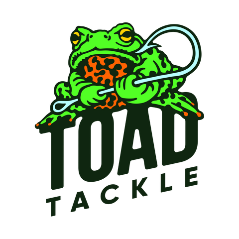 Toad Tackle Logo • Red Fire Bellied Toad Holding Fishing Hook Lure • Antique Discontinued Vintage Fishing Lures