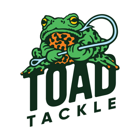 Toad Tackle Logo • Red Bellied Toad Holding Fishing Hook Lure • Antique Vintage Discontinued Lures