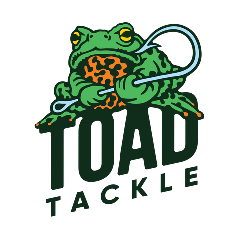 Toad Tackle Logo • Red Bellied Toad Holding Fishing Hook Lure • Antique Vintage Discontinued Unique Fishing Lures