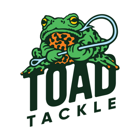 Toad Tackle Logo • Red Fire Bellied Toad Holding Fishing Hook Lure • Antique Discontinued Vintage Fishing Lures