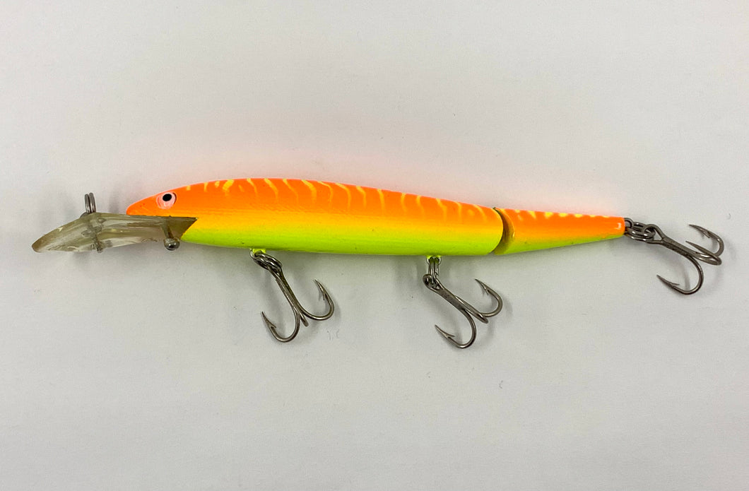 Toad Tackle • ToadTackle.net • ToadTackle.co • ToadTackle.us • Rebel FASTRAC JOINTED MINNOW Vintage Fishing Lure •  FLUORESCENT ORANGE/CHARTREUSE BELLY & STRIPES