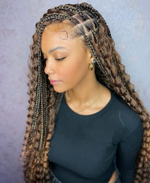 Box braids with curled ends.  Blonde box braids, Braids with curls, Box  braids styling