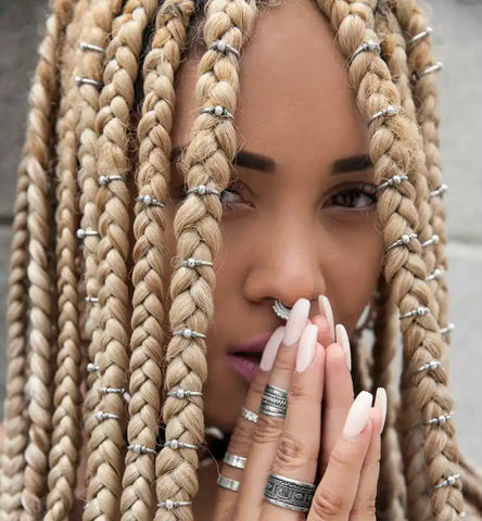 Box Braids with Silver Accessories
