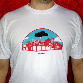 white t-shirt with a design of fenway park with a black cloud above