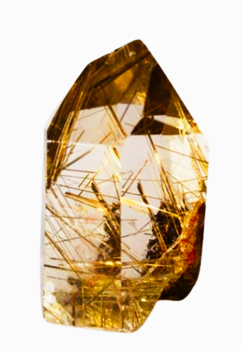 Golden Rutilated Quartz Obelisk yellow crystal Rutilated Quartz is a clear Quartz with Rutile inclusions (silk-like stripes) that give the Quartz a golden color with their incredible hair-like inclusions. This amazing quartz will aid in your spiritual growth and journey, help illuminate your soul, cleanses, helps protect you against negative thoughts and letting go.