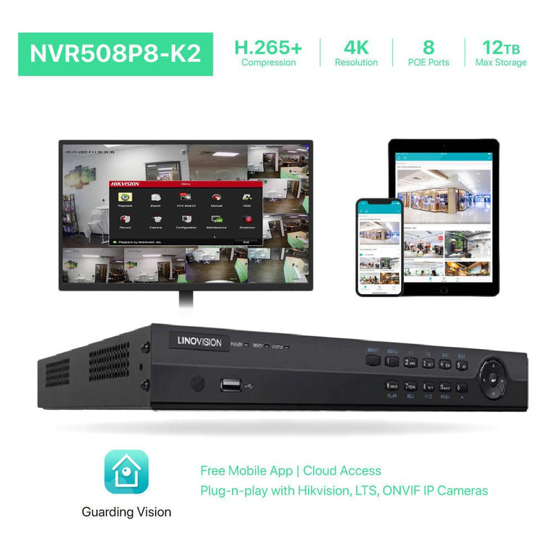 8 Channel 4K NVR PoE IP Camera System H.265+ 8 Channel 4K NVR with 2TB HDD and 6 Outdoor 5MP PoE Dome Security Cameras - LINOVISION US Store