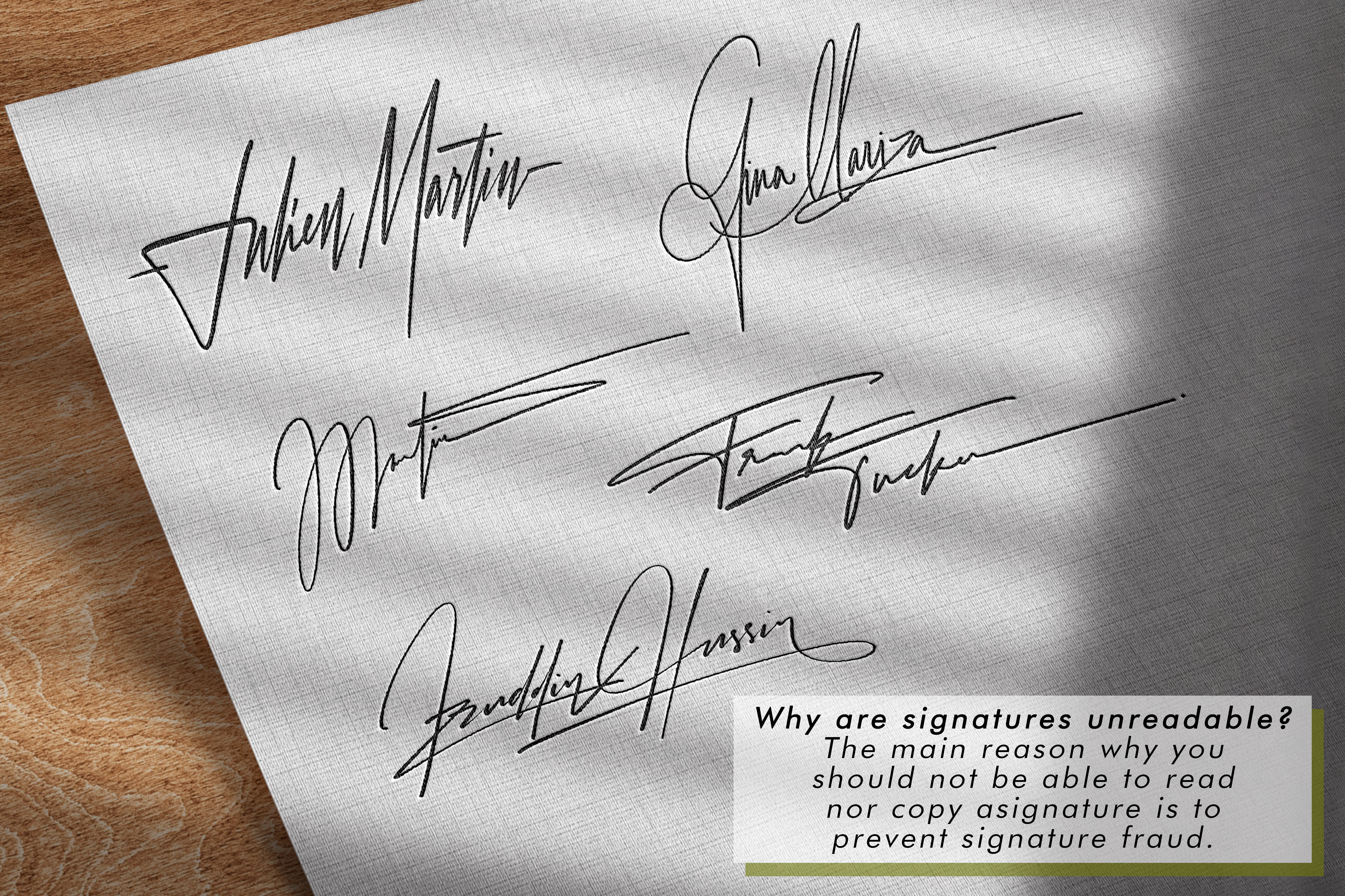 Why are signatures unreadable? The main reason why you should not be able to read nor copy a signature is to prevent signature fraud.