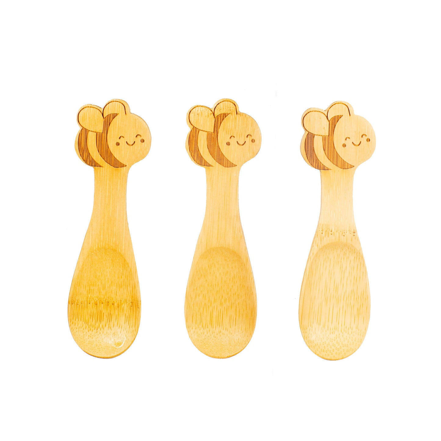 Explore nature with this planet-friendly everyday reusable bamboo spoon set featuring a cute bumble bee design.