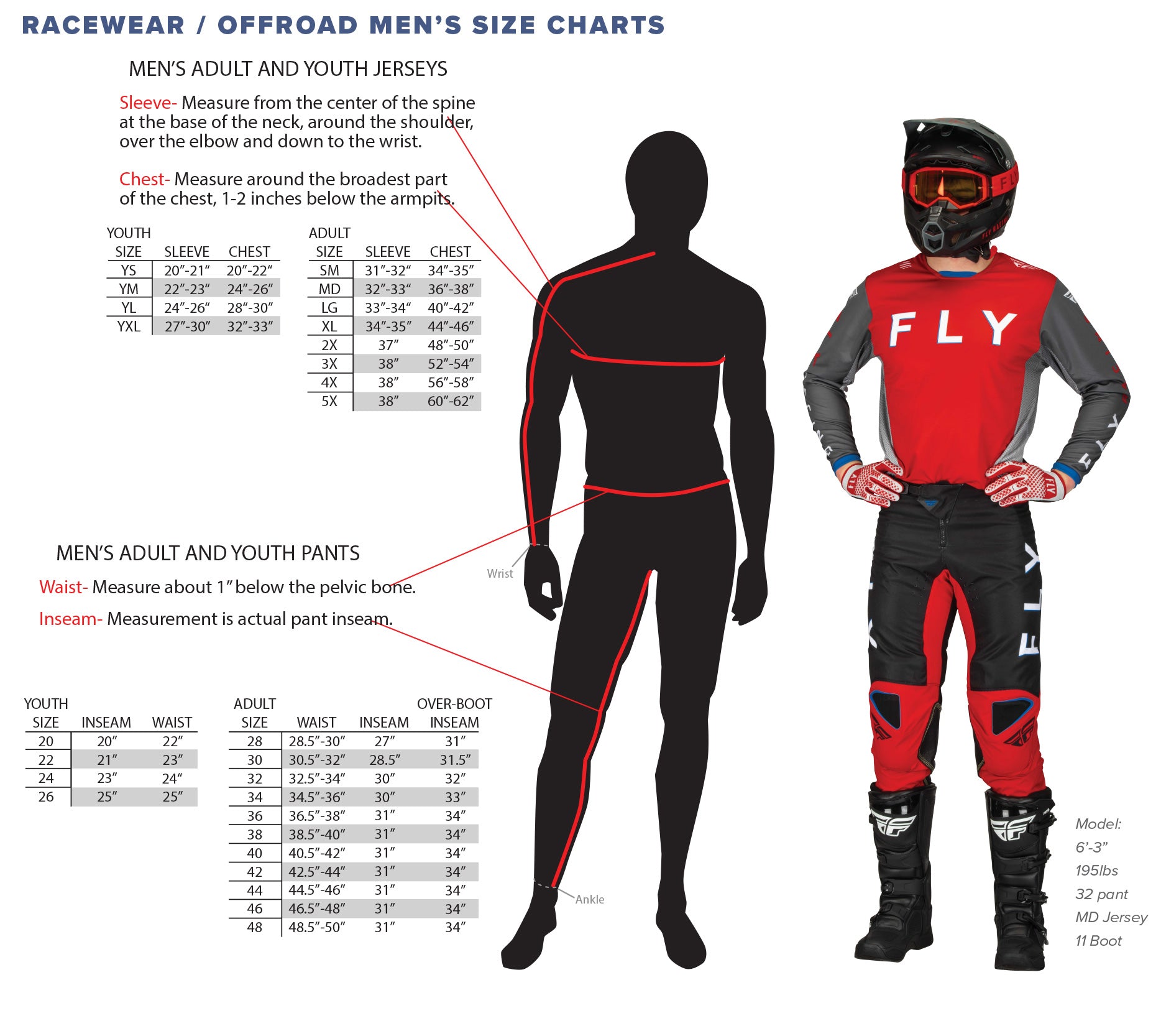 FLY Racing Men's MX Racewear Size Chart