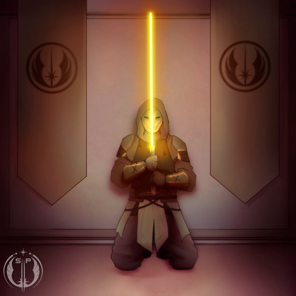 Jedi holding a Gold Lightsaber