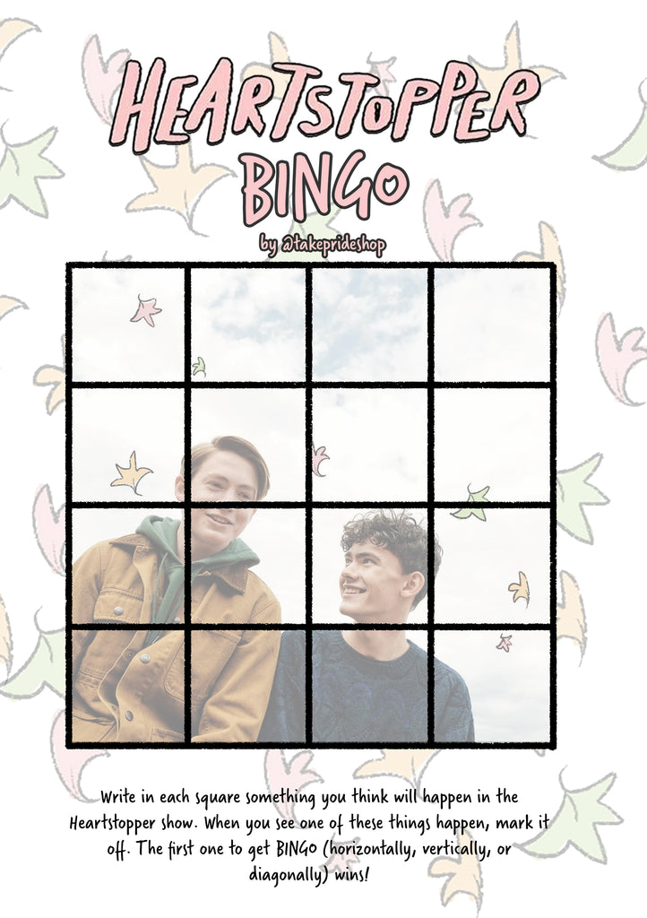 Drawn pink, yellow, and green leaves decorate the background. Pink text reads "Heartstopper Bingo Game by @takeprideshop". A black grid is in the centre, over an image of Nick and Charlie from the TV show, Heartstopper. 