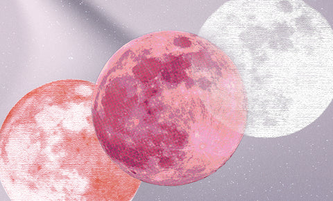 Photo collage of three pink moons overlapping one another from the bottom left corner diagonally to the top right.