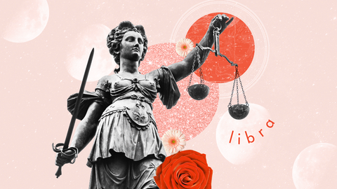 Collage of a Libra statue holding the scales in one hand and a sword in the other.