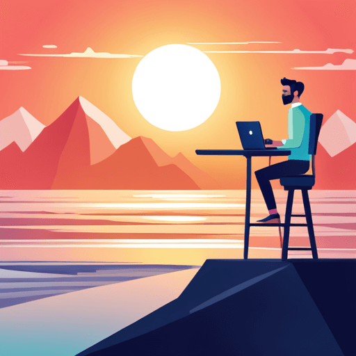 graphic art if man working on laptop in the beautiful sunset