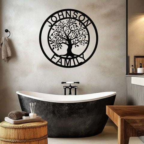 family tree metal wall art in bathroom