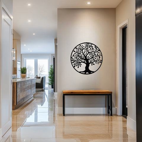 Black family tree metal wall art in hallway