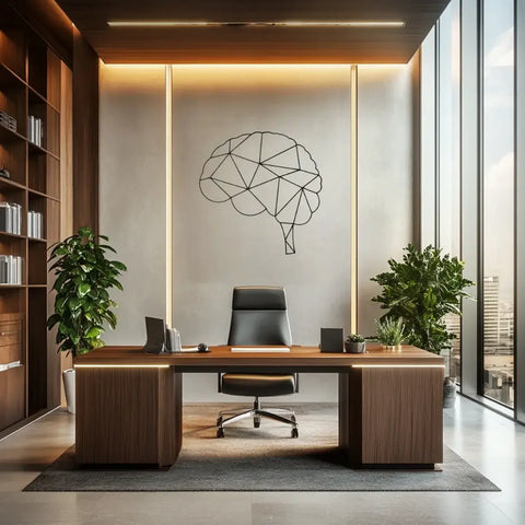 Modern office with geometric brain metal wall decor