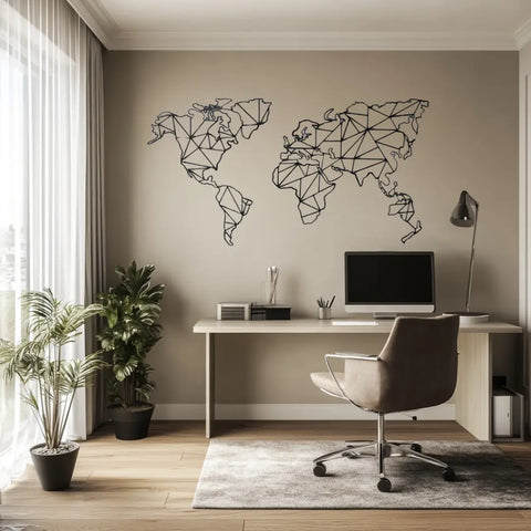 world map wall decor in home office