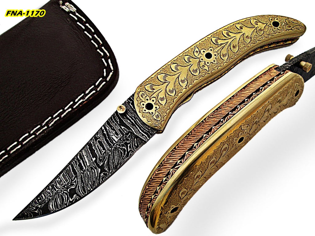 Engraved Steel Pocket Knife - Brass Handle – Folding Knife Store