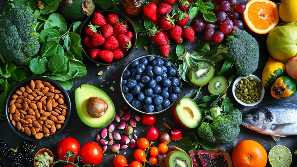 A variety of fruits and vegetables are arranged on a table.