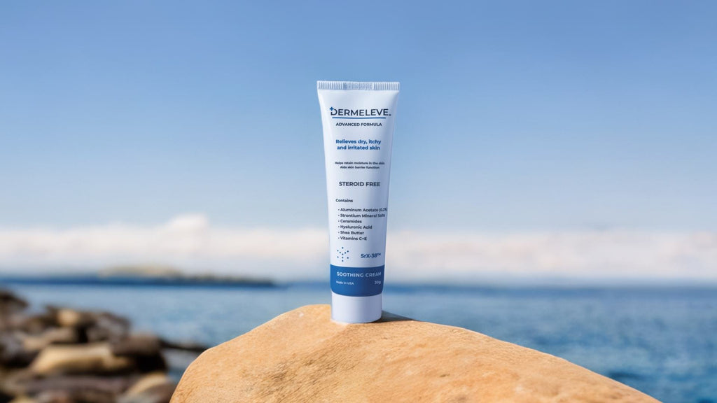 A tube of Dermeleve® sitting on a rock in front of the ocean.
